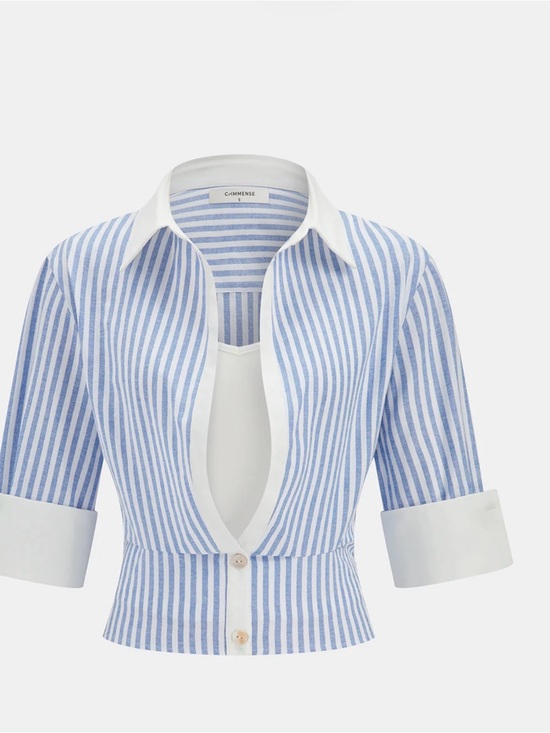 Commense Tops - Commense Blue and White Striped Cropped Shirt - XL